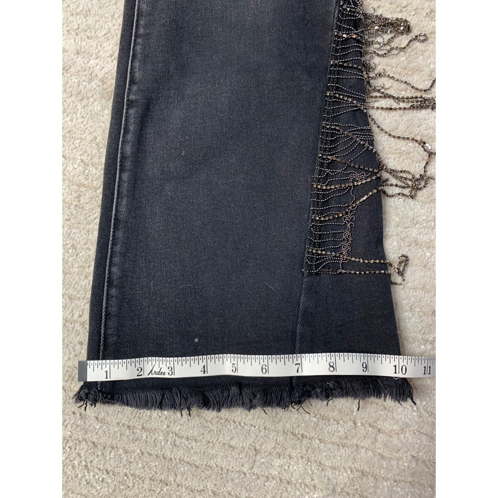 Risen Jeans Black Distressed Flare Rhinestone Chain Fringe Jeans Size 0/24 - Picture 6 of 16